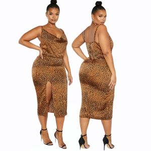PLT Animal Print Satin Cowl Midi Slip Dress